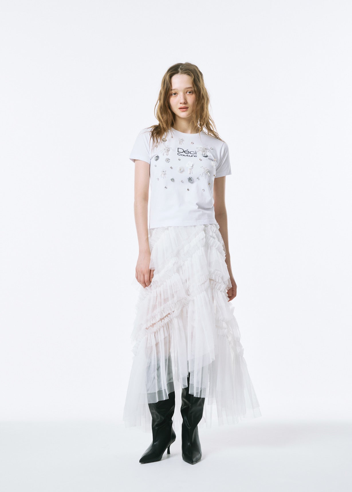 Slit Frilled Tulle Skirt