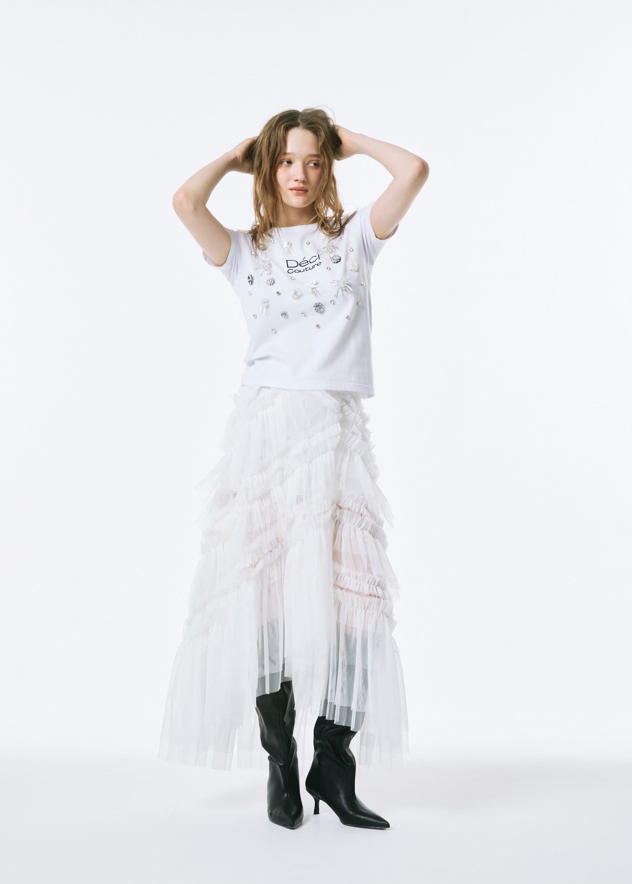 Slit Frilled Tulle Skirt