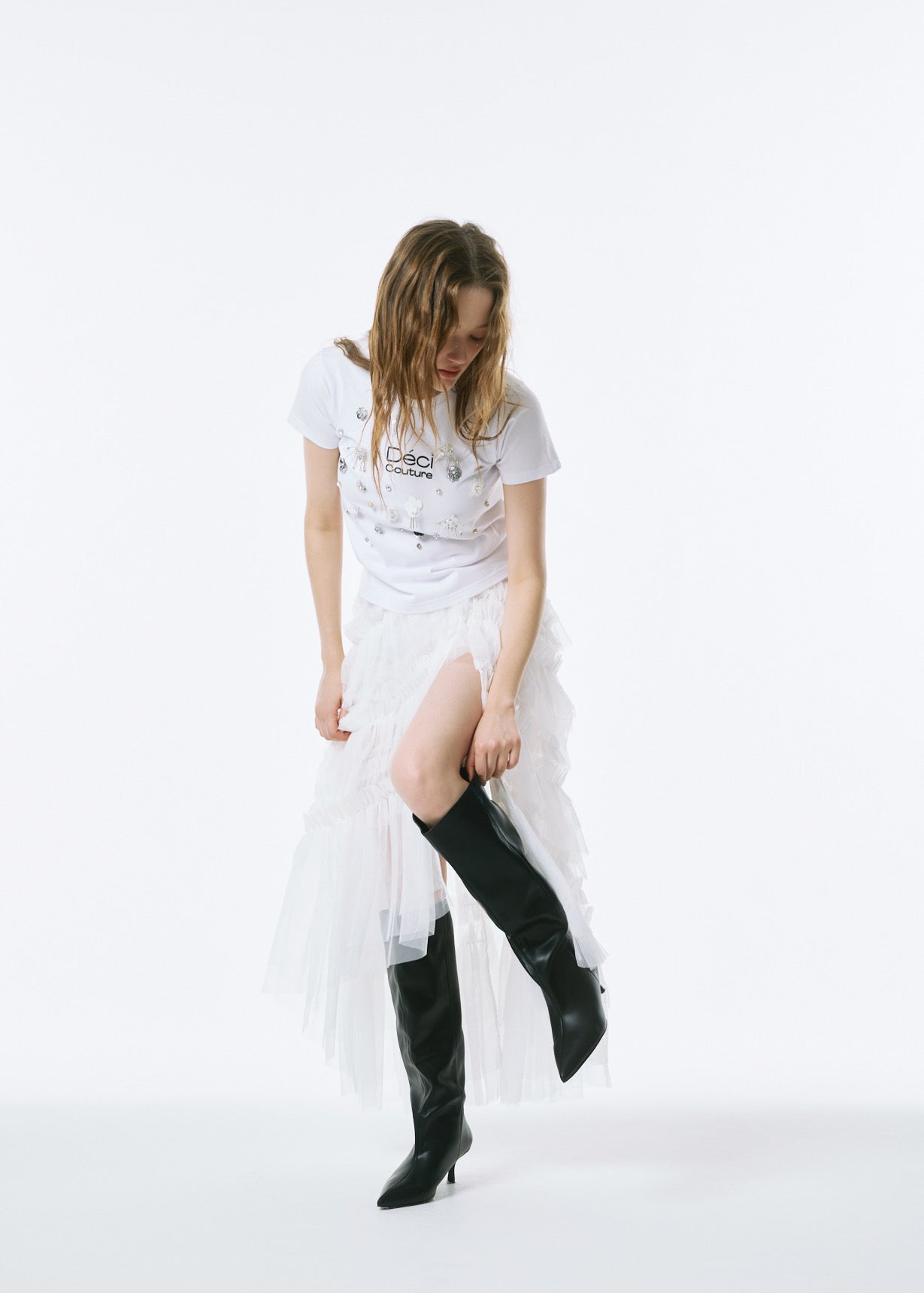 Slit Frilled Tulle Skirt