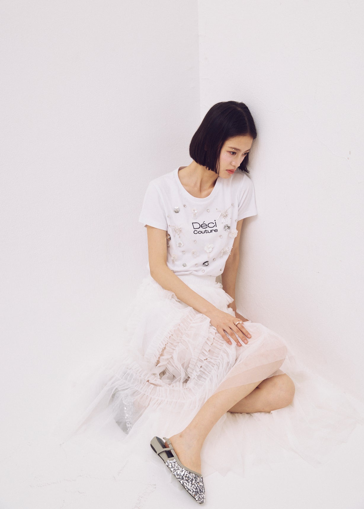 Slit Frilled Tulle Skirt