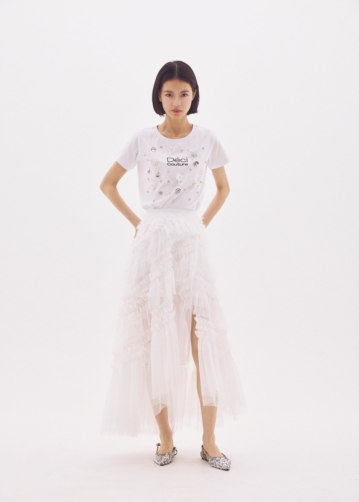 Slit Frilled Tulle Skirt