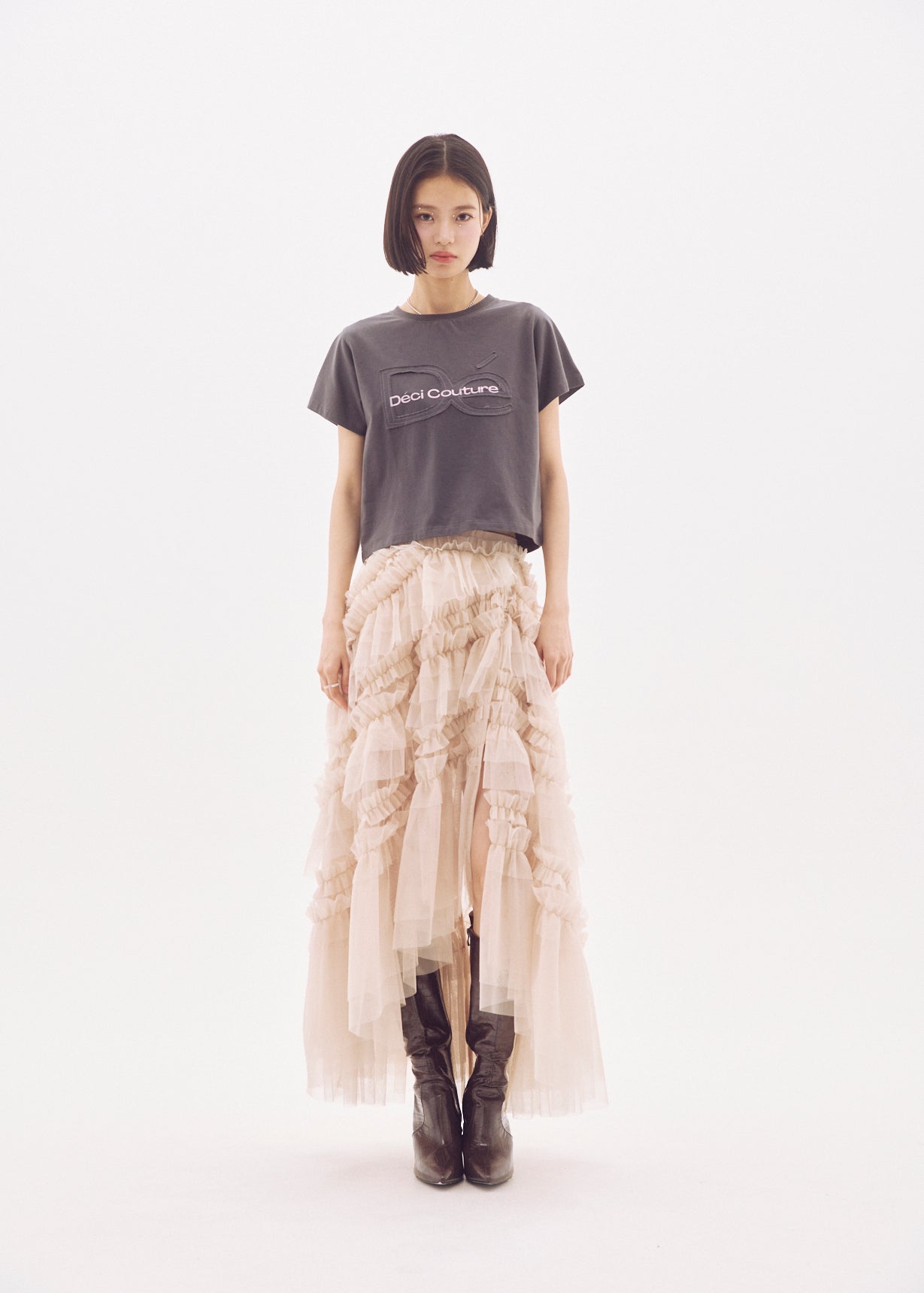Slit Frilled Tulle Skirt