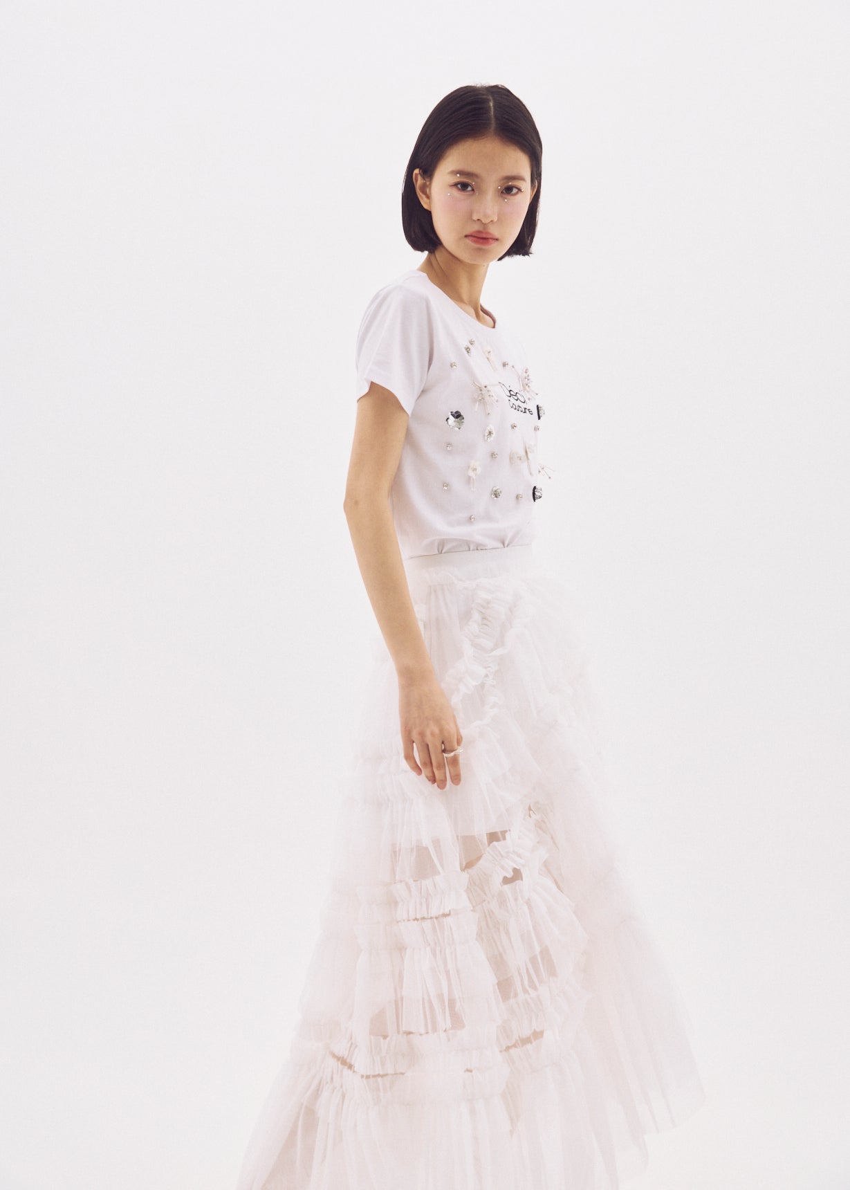 Slit Frilled Tulle Skirt