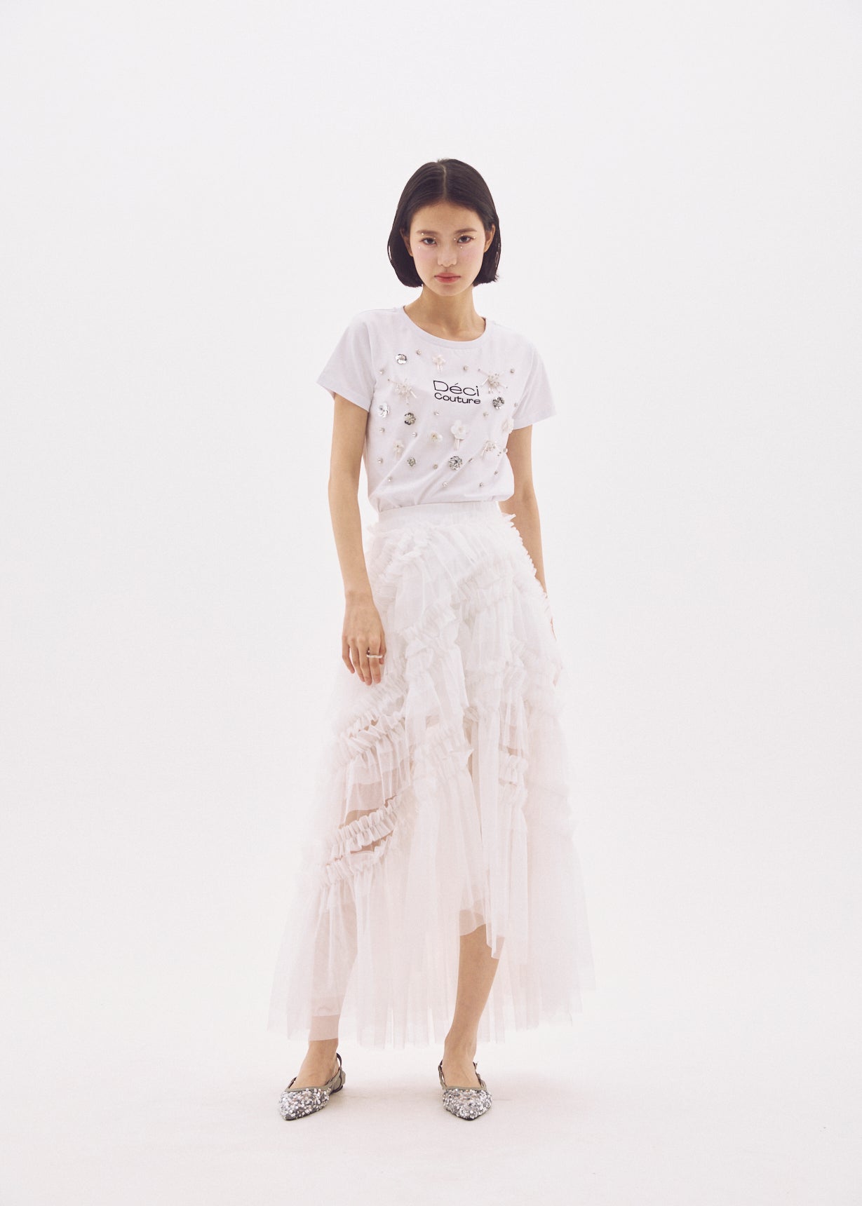 Slit Frilled Tulle Skirt