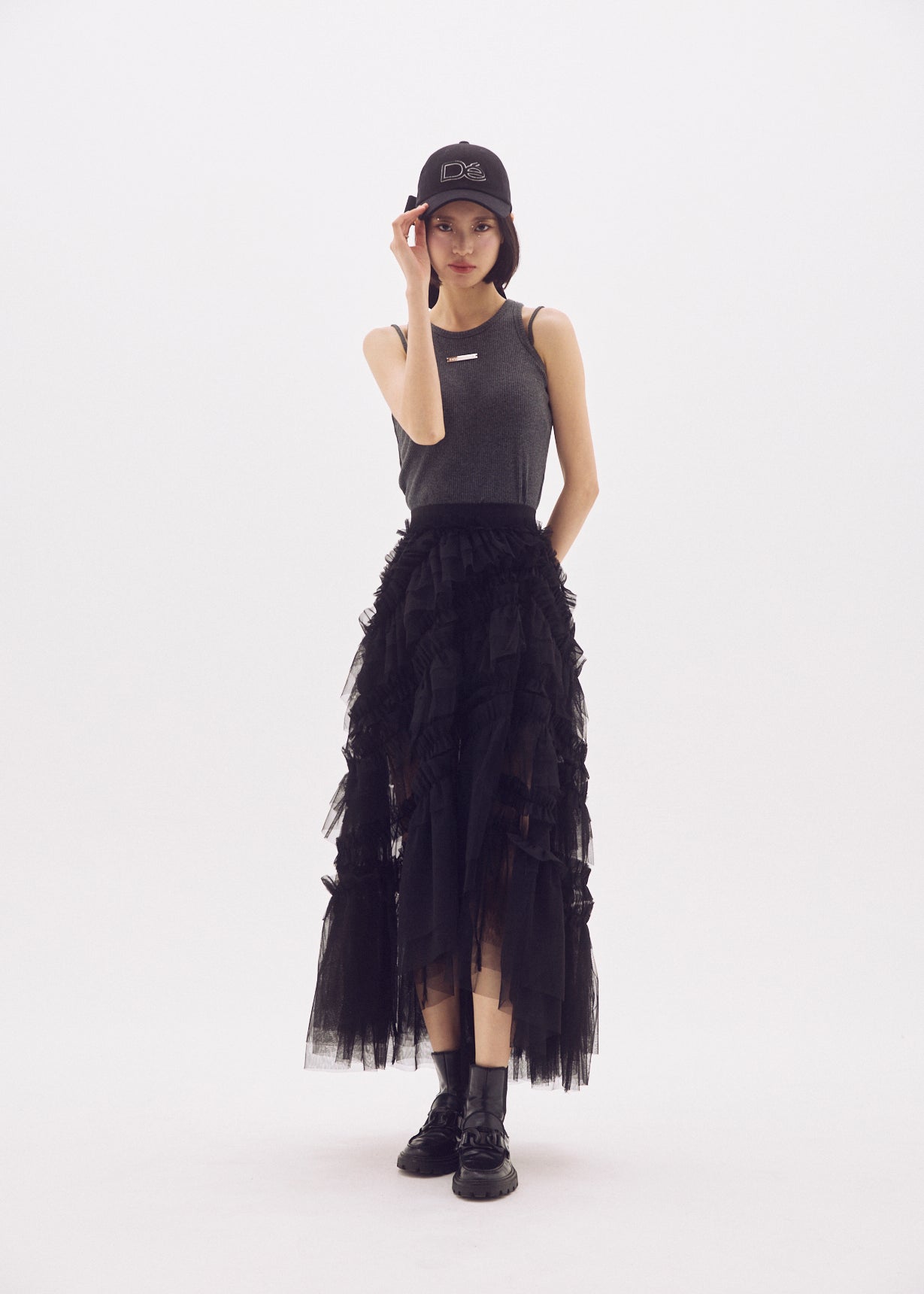 Slit Frilled Tulle Skirt