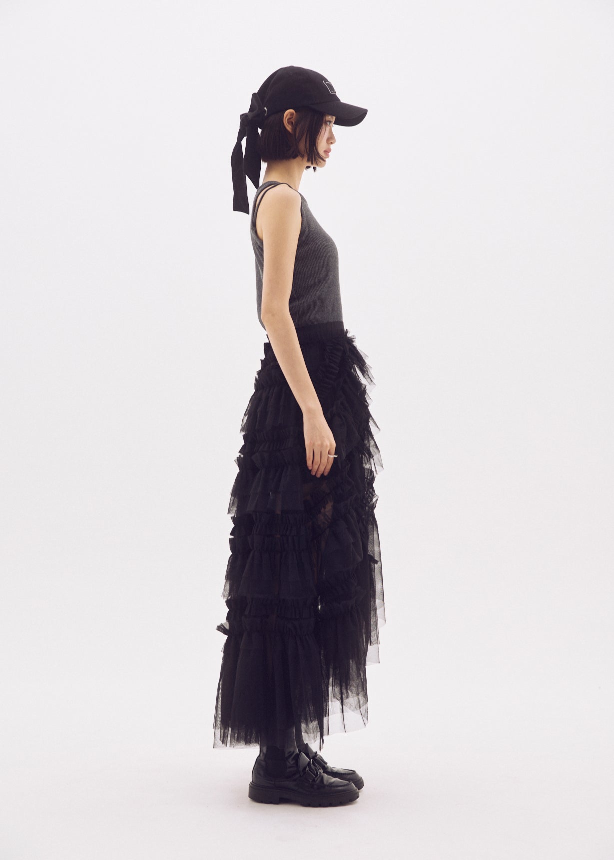 Slit Frilled Tulle Skirt