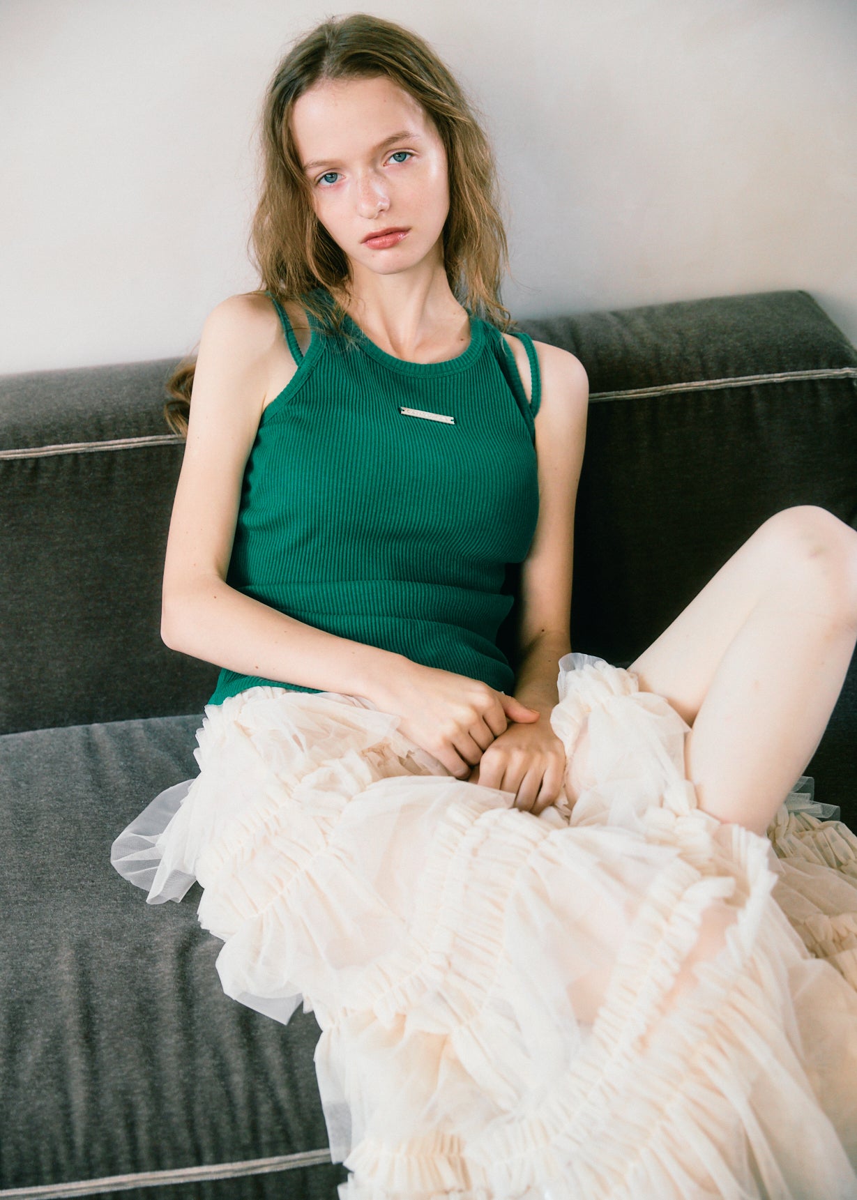 Slit Frilled Tulle Skirt