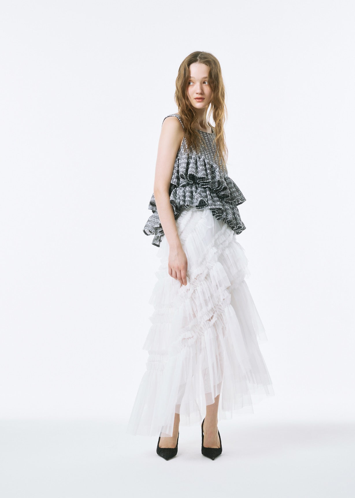 Slit Frilled Tulle Skirt
