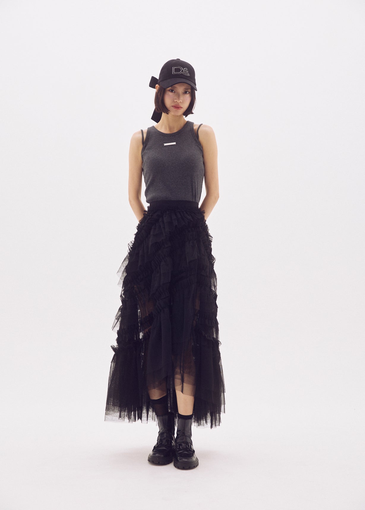 Slit Frilled Tulle Skirt