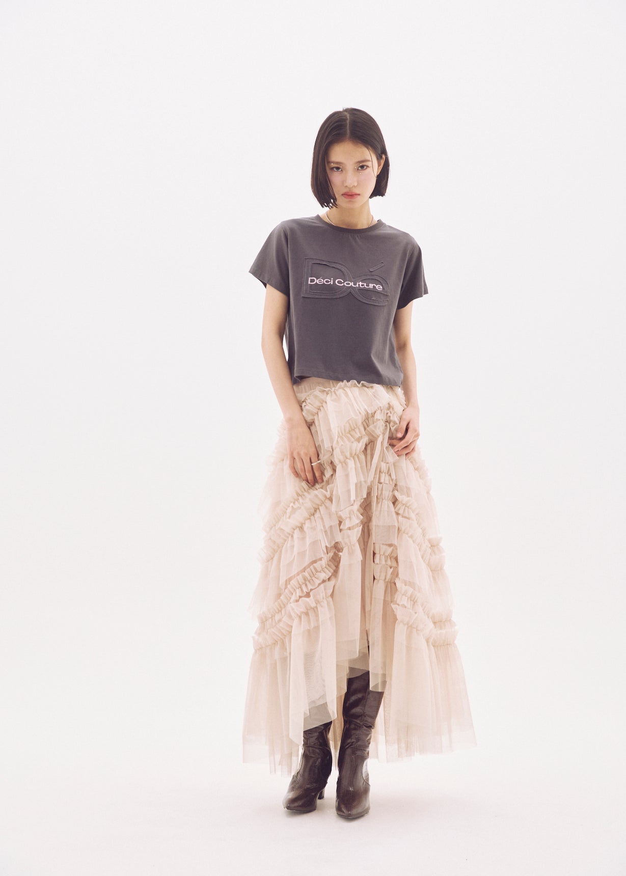 Slit Frilled Tulle Skirt