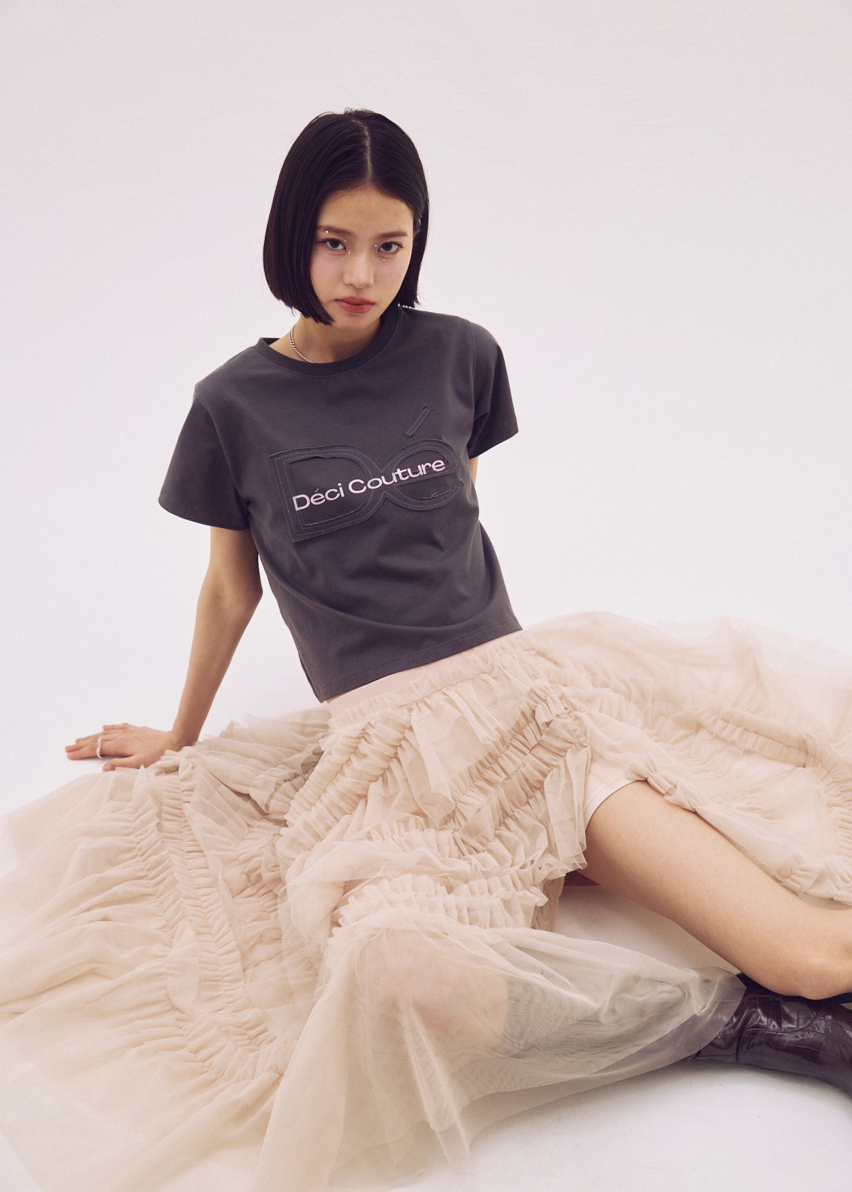 Slit Frilled Tulle Skirt