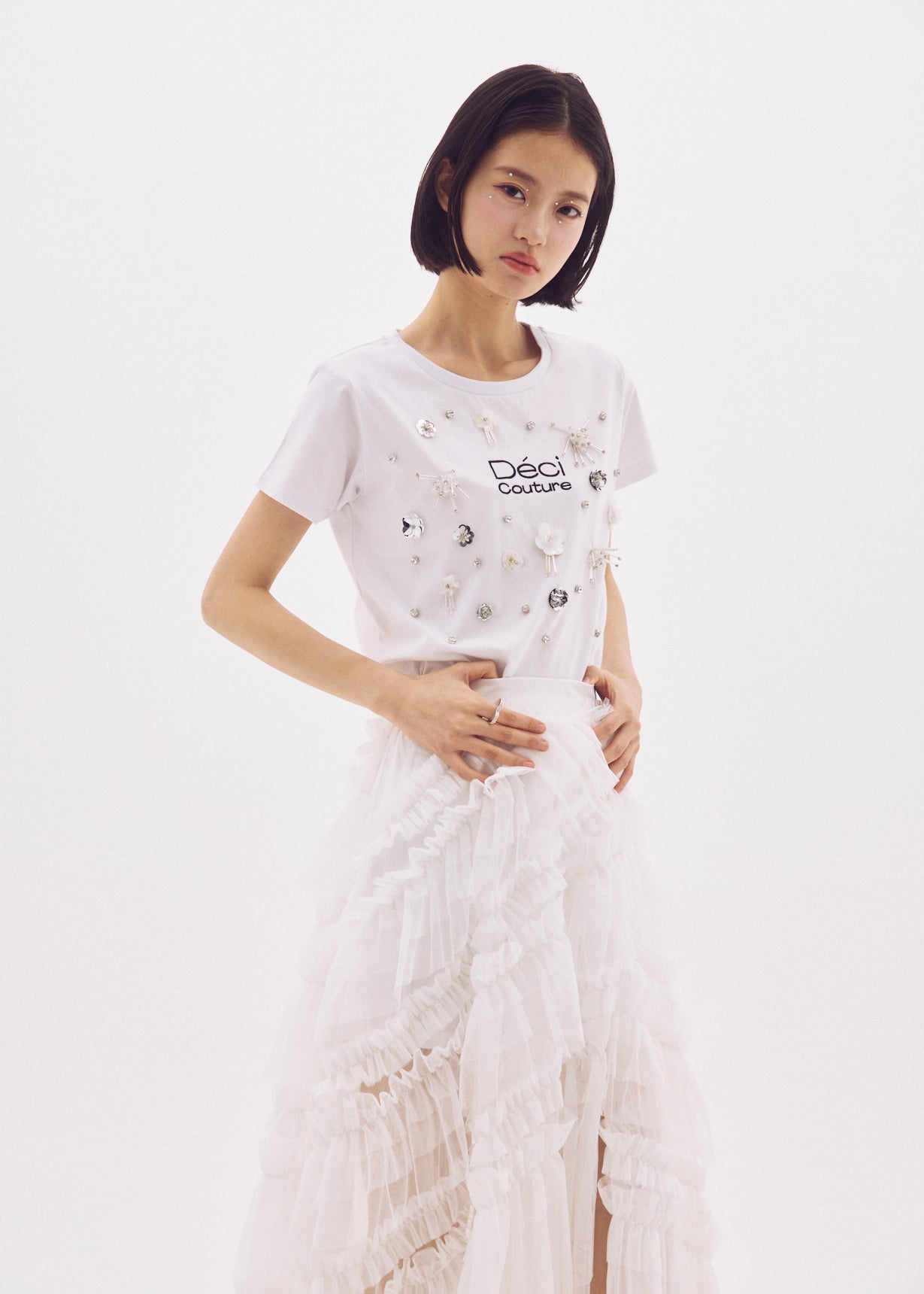Slit Frilled Tulle Skirt