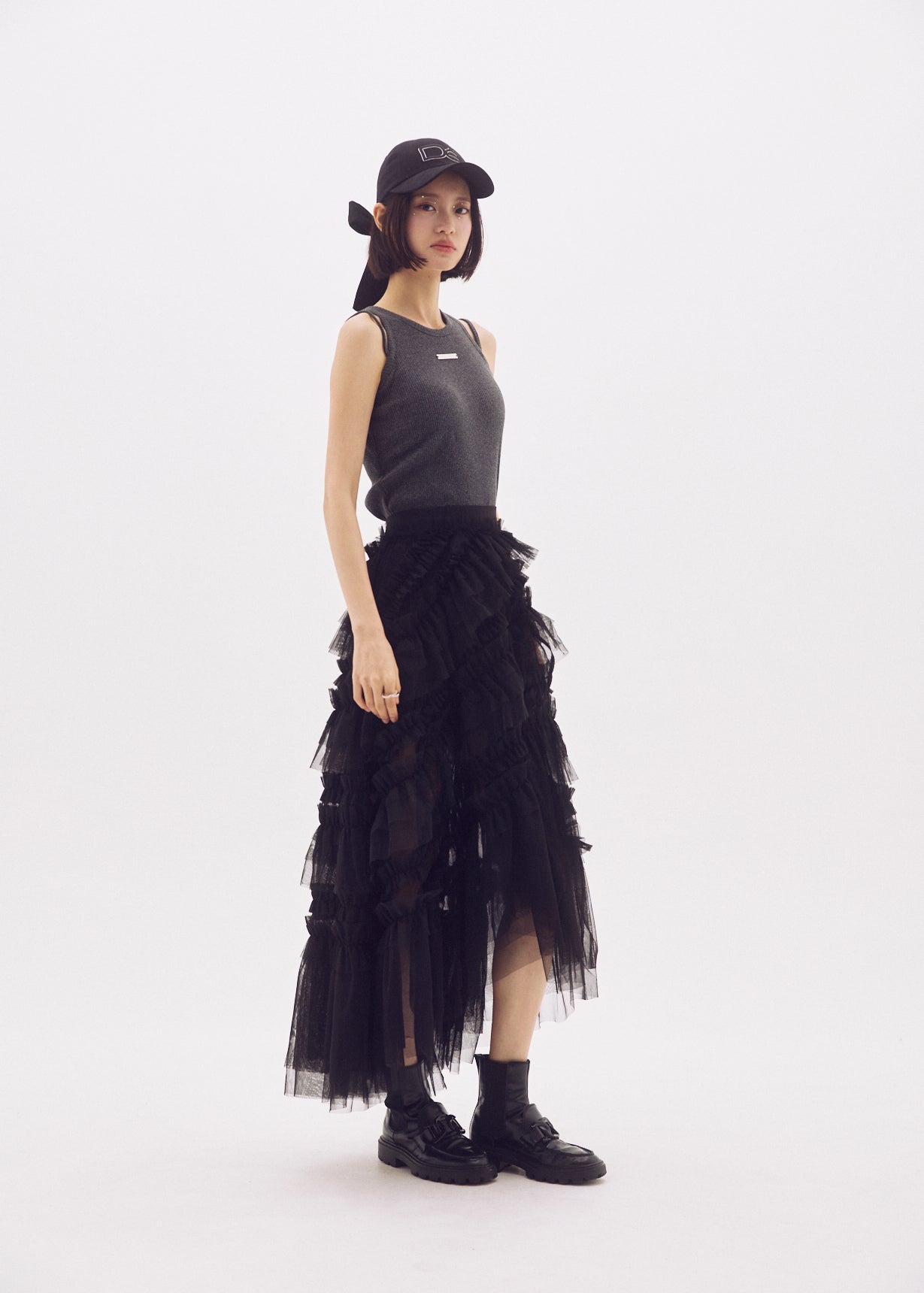 Slit Frilled Tulle Skirt