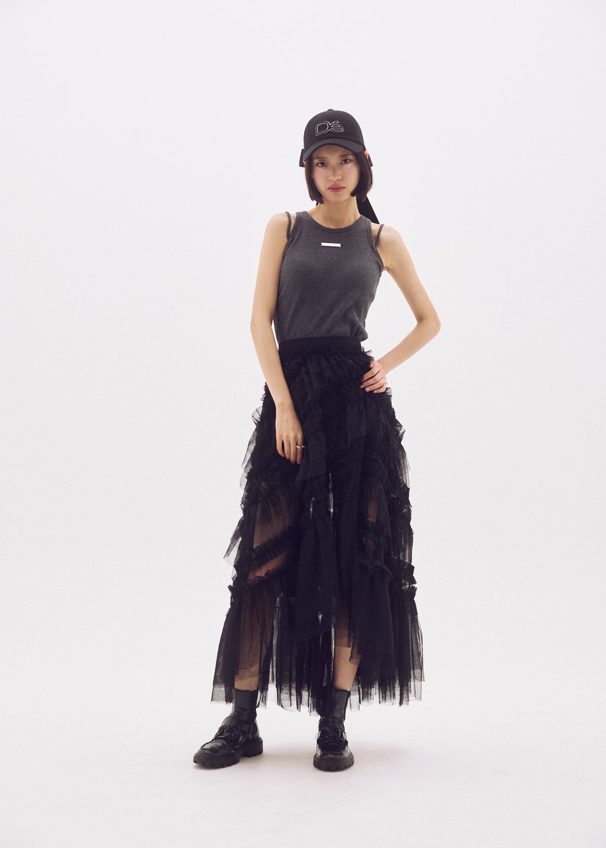 Slit Frilled Tulle Skirt