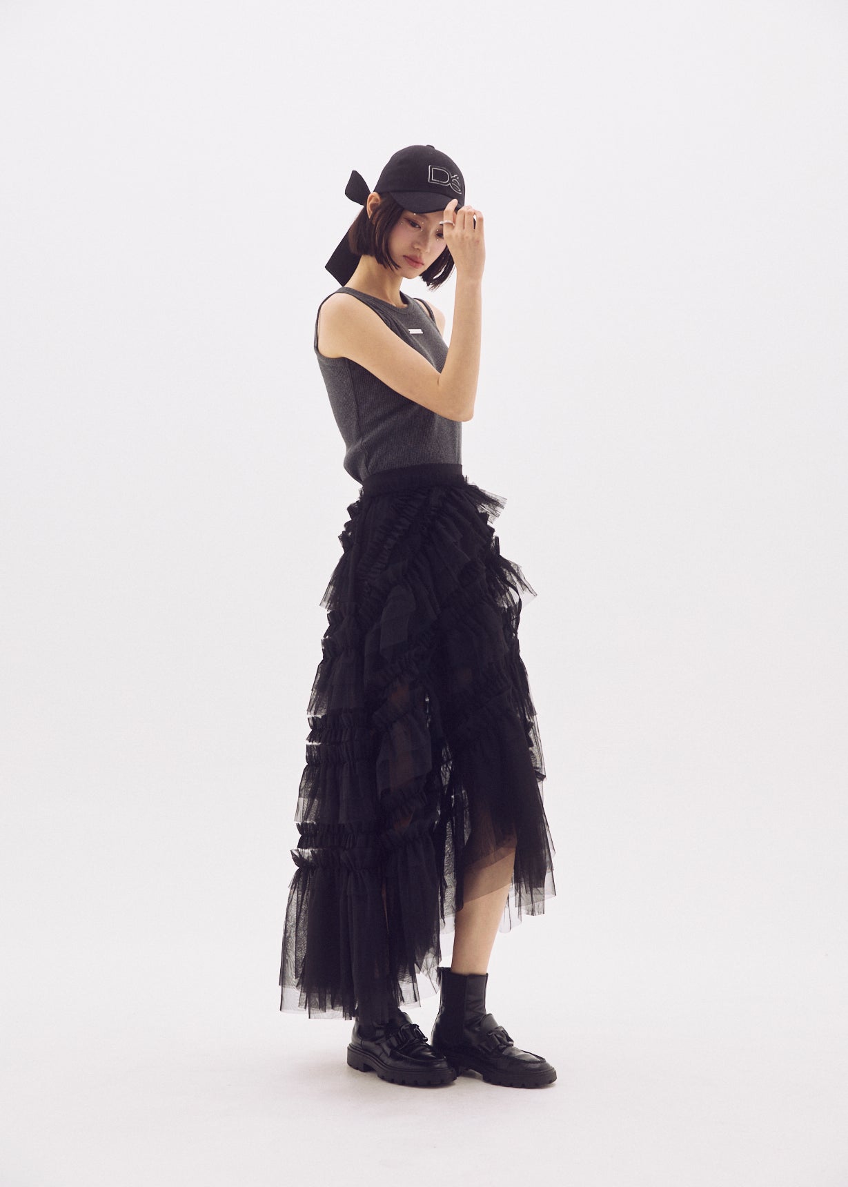 Slit Frilled Tulle Skirt
