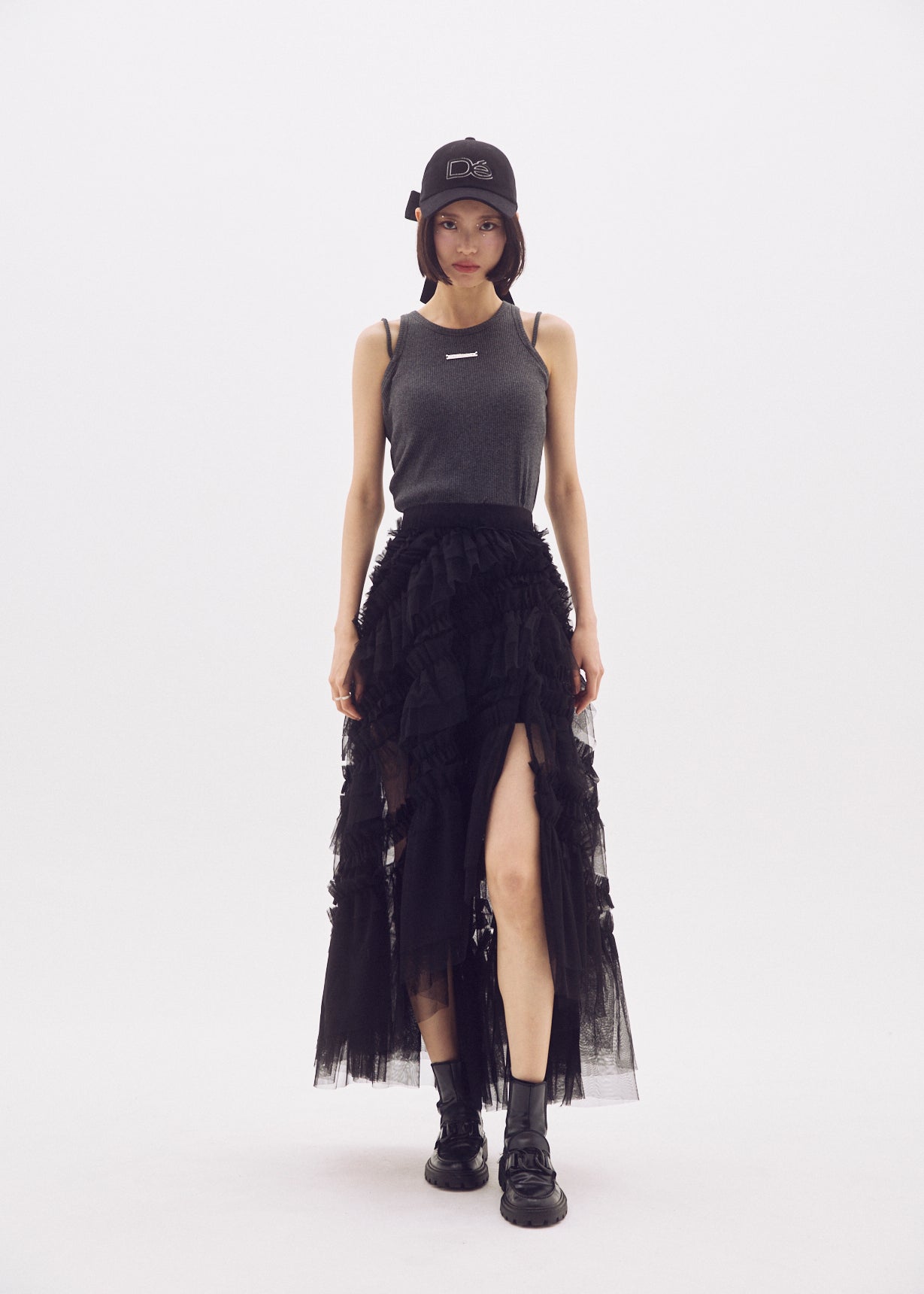 Slit Frilled Tulle Skirt