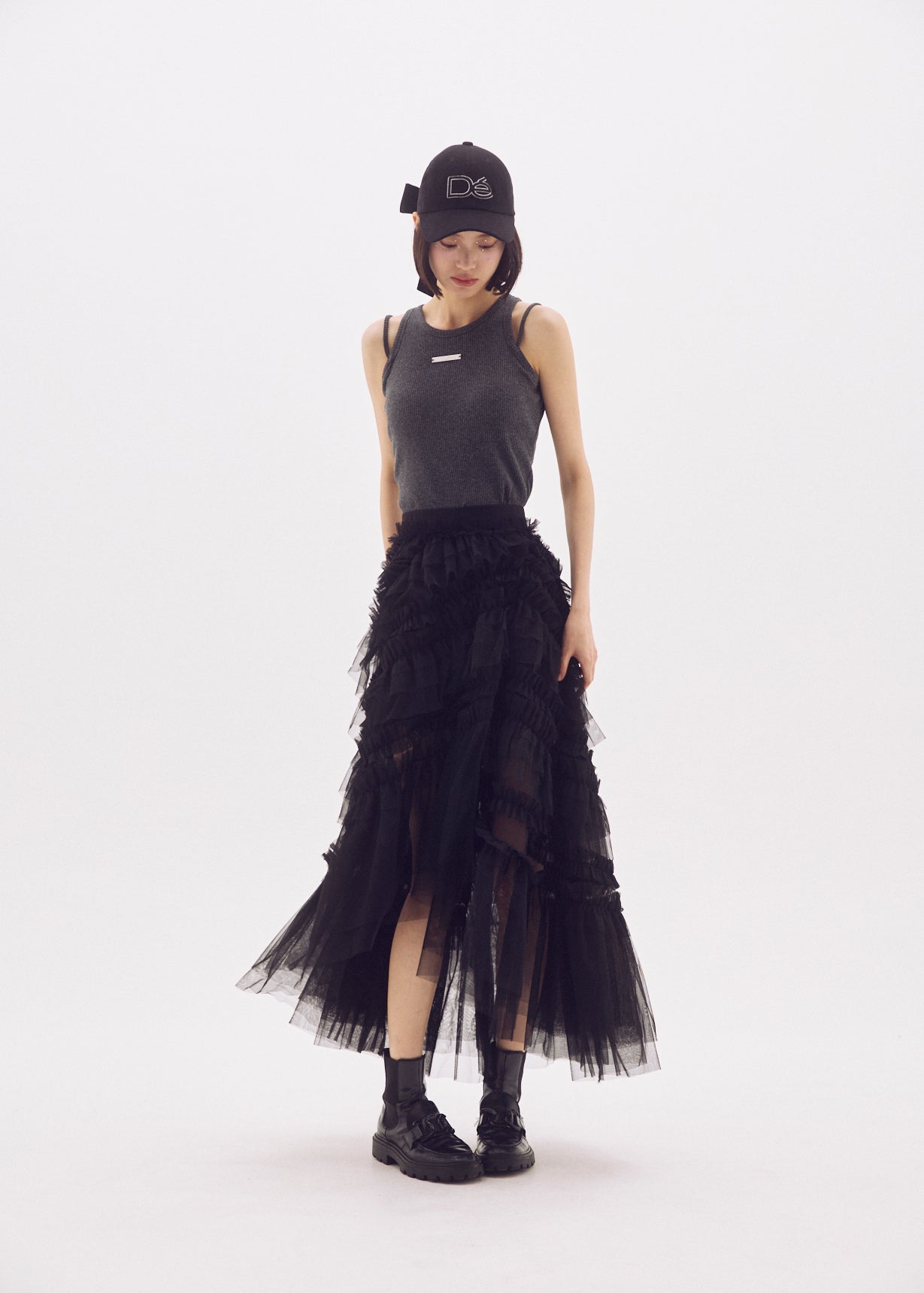 Slit Frilled Tulle Skirt
